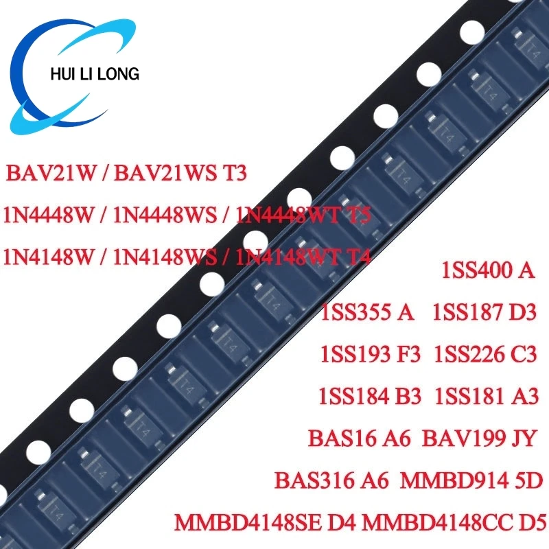 1N4148W 1N4148W 1N4148WS T4 1N4448W 1N4448WS T5 BAV21W BAV21WS T3 1SS355 A BAS316 A6 1SS226 C3 SMD Switching Diodes100pcs/lot