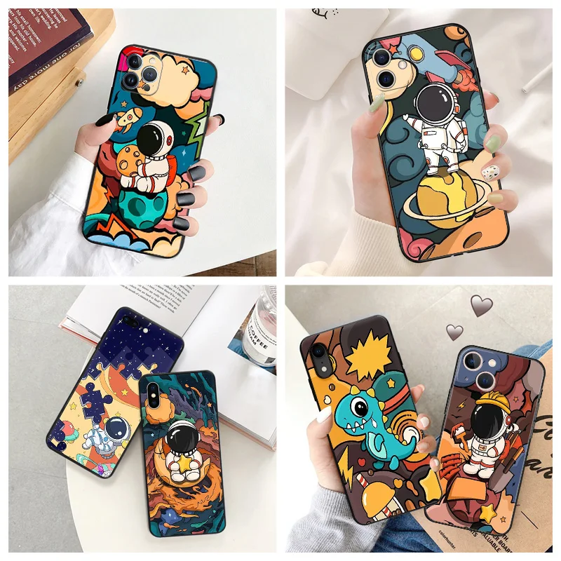 Soft Case for iphone 14 15 Pro Max 7 8 6 6S Plus SE 13 12 11 XS X XR Cute Moon Cartoon Astronaut Rocket Black Phone Cases Cover