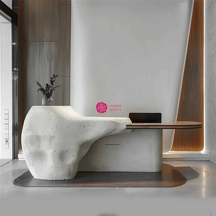 Customized.Yicheng Beauty Wholesale Modern Company Lobby Club Special Shaped Reception Desk Artificial Stone Front Desk for Sale