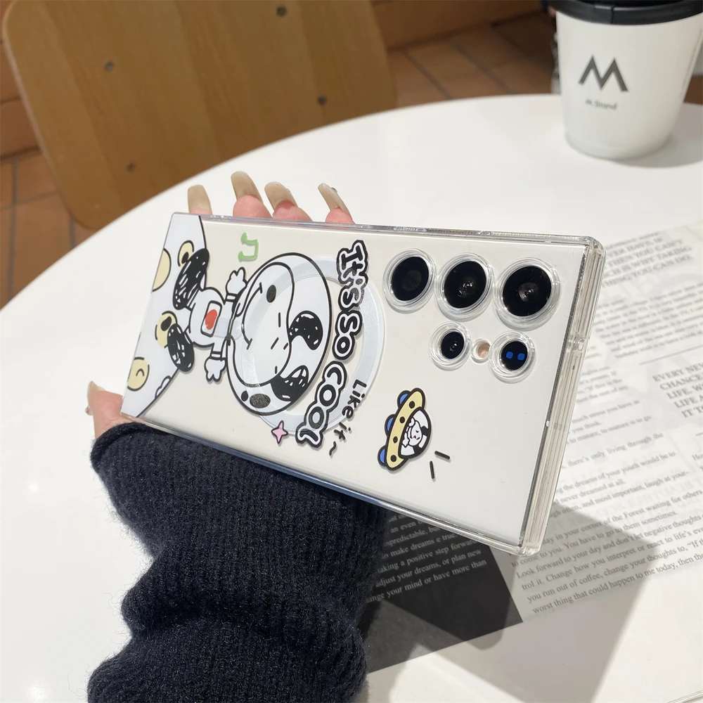Cute Astronaut Snoopy Magnetic Magsafe Wireless Charge Transparent Phone Case For Samsung Galaxy S26 25 24 23 Ultra Puls Cover view 6
