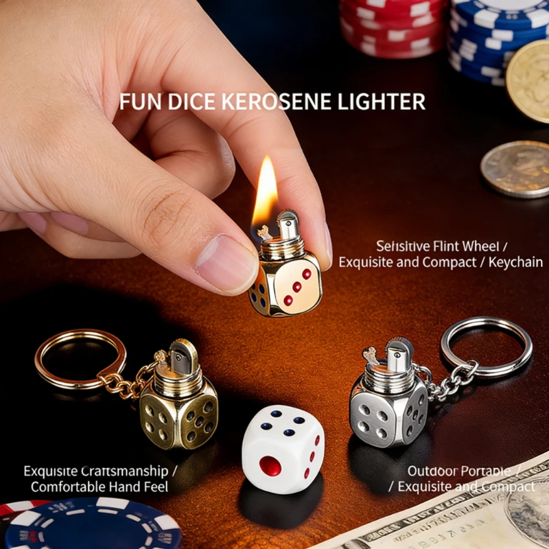 

Novelty Dice-Shaped Keychain Lighter Retro Flint Wheel Ignition Lightweight Portable Gift for Dice Lovers & Fashion Men