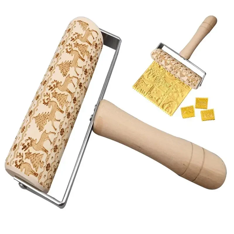 Christmas Embossed Rolling Pins For Cookies Wooden Embossed 3D Rolling Pin Cookie Stamps Roller With Bearings Kitchen Accessorie