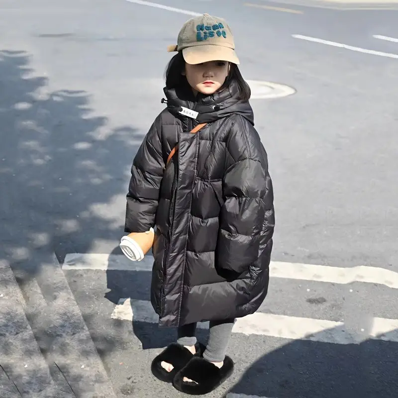 

Girls' Down Jacket 2023 Winter Warm Keep New Children's Winter Clothes Little Girls' Long Solid Color Cotton-Padded Jacket Q46