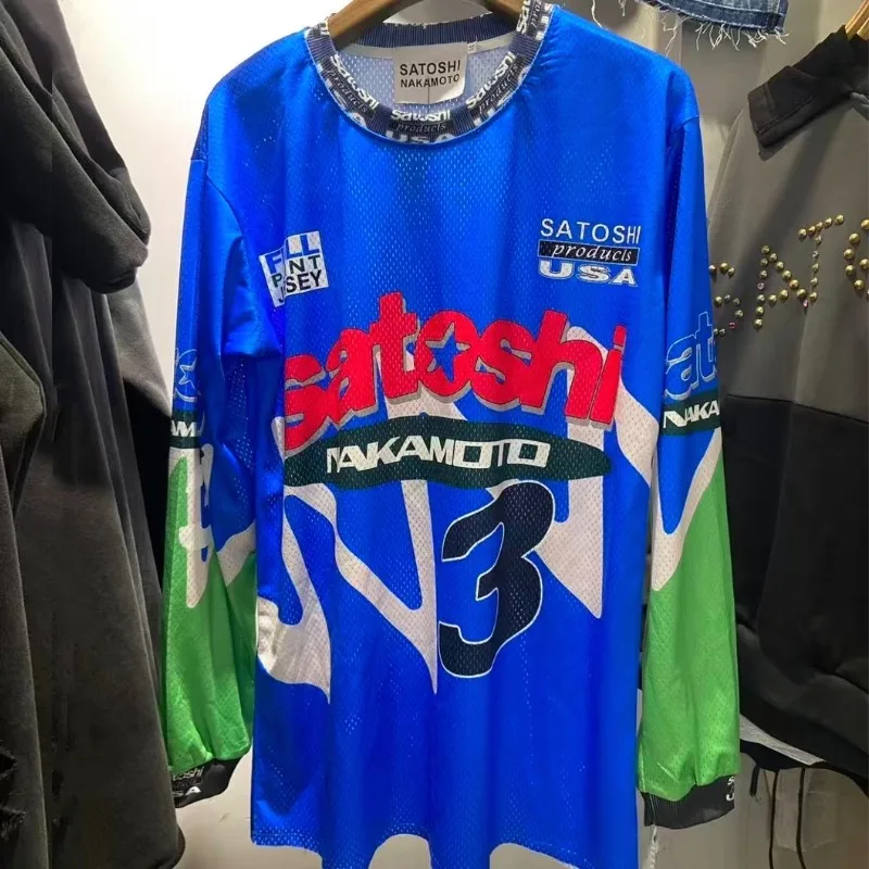 Blue Green Contrasting Color Breathable Mesh No.3 Jersey SATOSHI Long Sleeve Tshirts Hiphop Street Motorcycle Element Print Tops