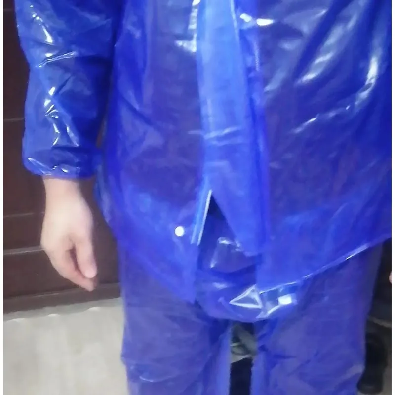 Man Waterproof Transparent Blue Hooded Loosen Raincoat Trousers Suit Outdoor Hiking Stage Performance Rain Jacket And Pants Sets