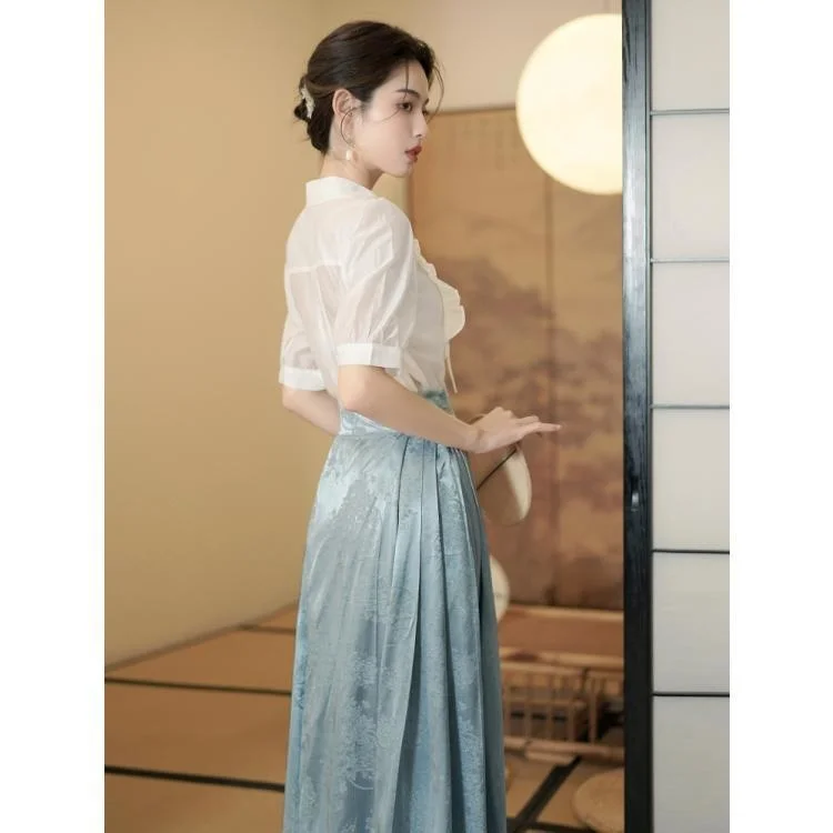 Two Piece Skirt Set Improved Hanfu That Commuting Hanyuan Clothing Summer Horse Face Dress Short Sleeve Top Daily Chinese Style