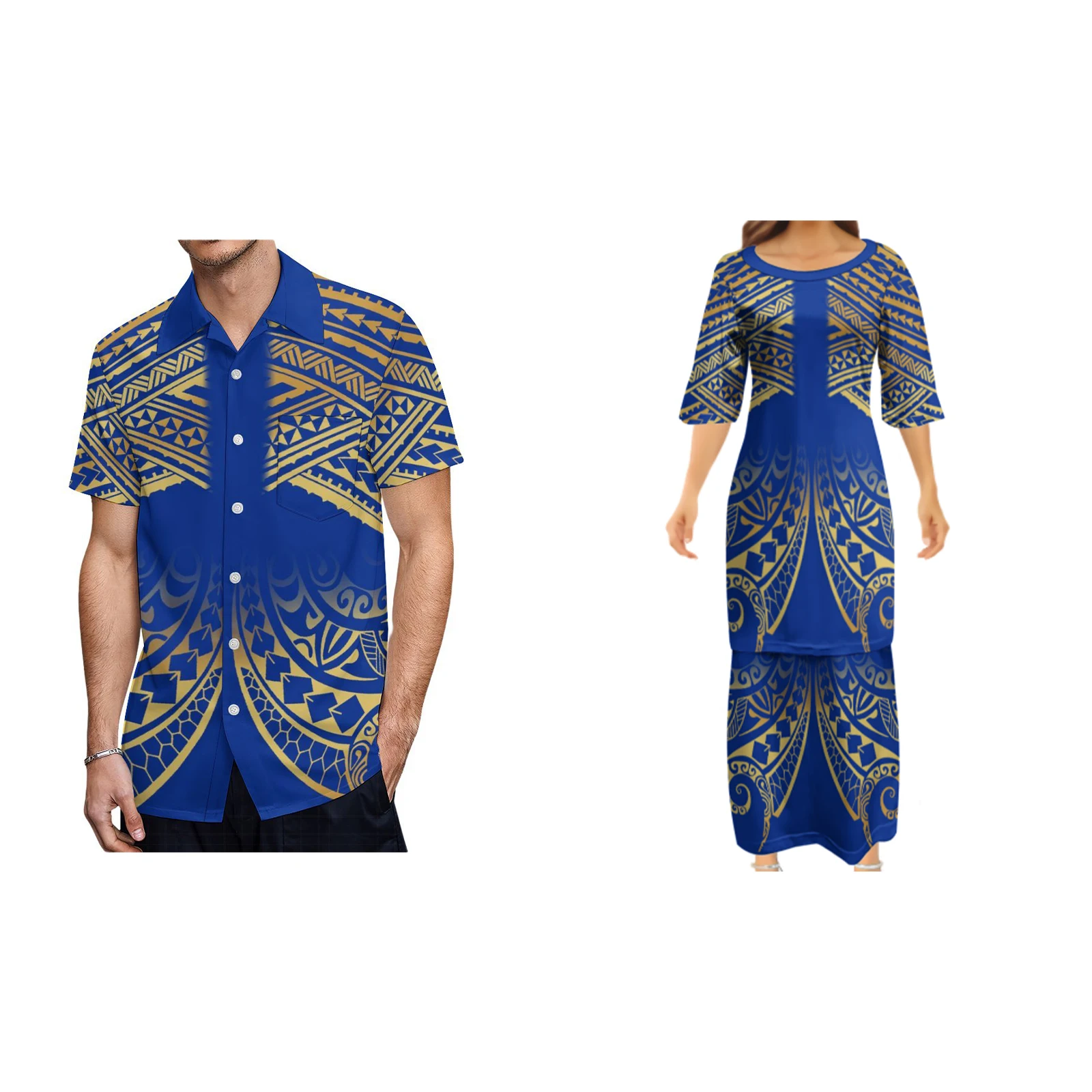 

Wholesale Pacific Island Art High Quality Ulafala Puletasi Dresses Customized On Demand Polynesian Ethnic Style Couple Suit