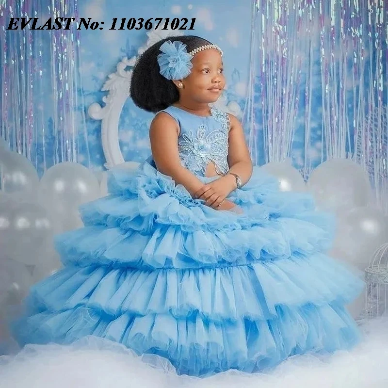 

EVLAST Customized Blue Flower Girl Dress Beading Ball Gowns Girls African First Birthday Party Dress Christening Dress FD10