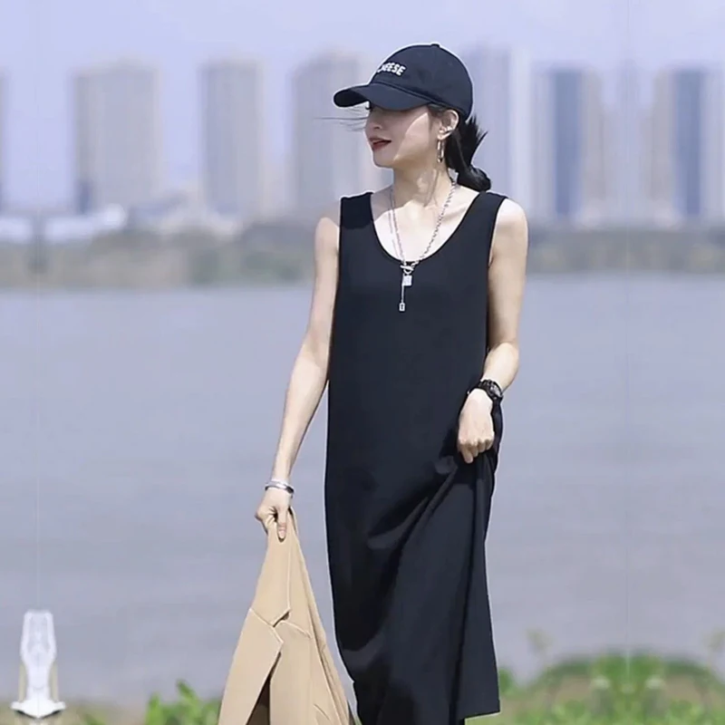 

Женская летняя длинная юбка без рукавов из лиоцеллового тенселя, длинная юбка с круглым вырезом, однотонная темпераментная вязаная длинная юбка, женская одежда