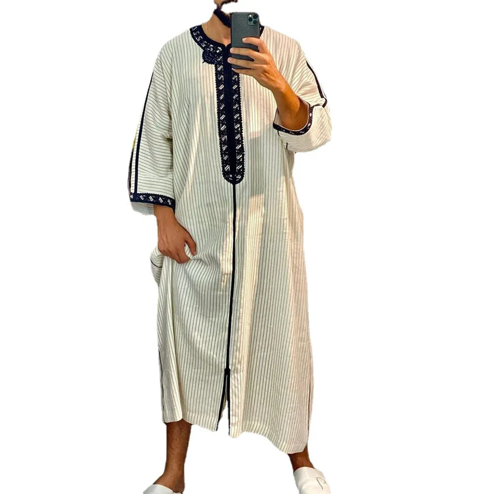 Men Islamic Arabian Patchwork Striped Embroidery Eid Muslim Long Robe Jubba Casual Loose Abayas 2024 Morocco Dubai Jalabiya