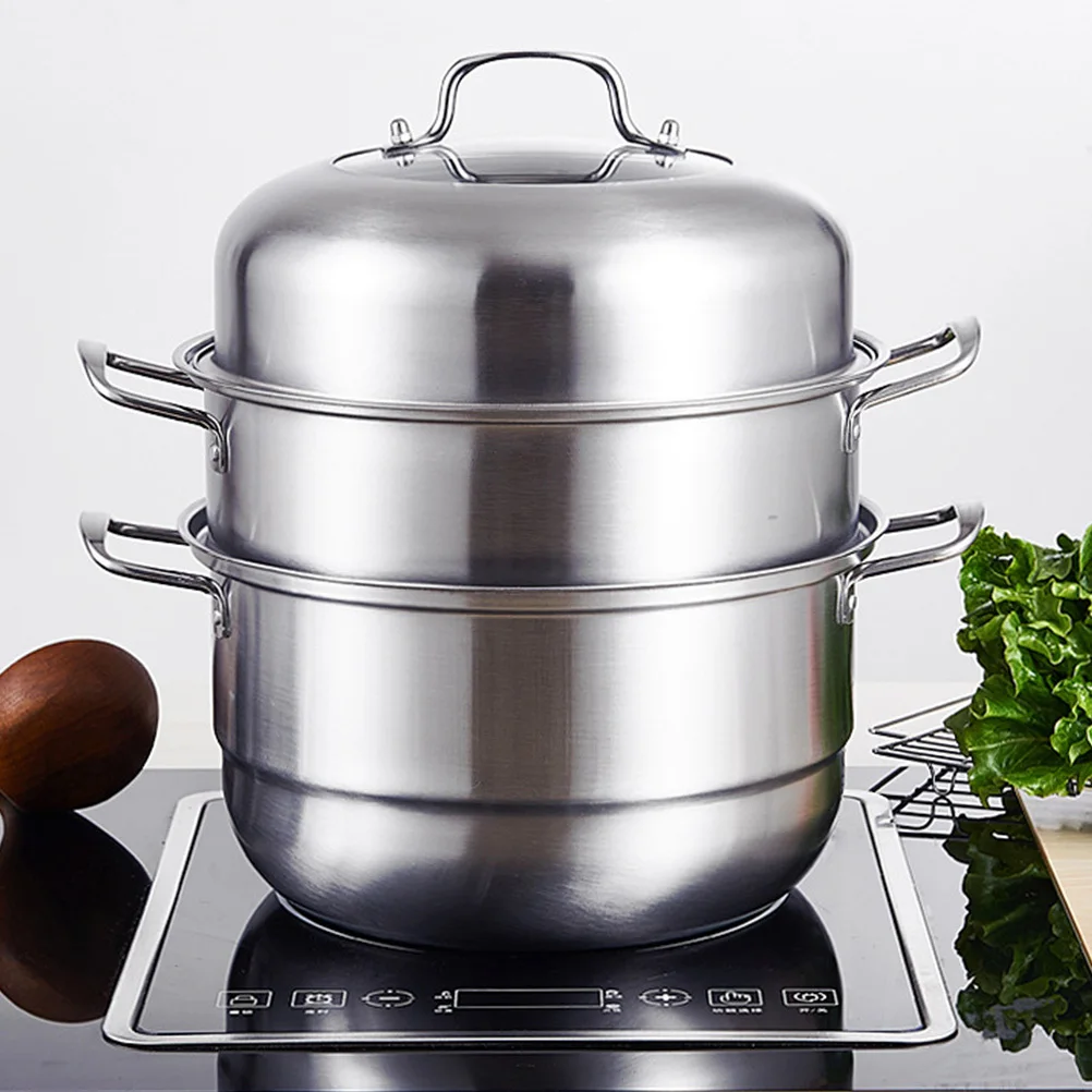 

1pc Stainless Steel Steaming Pot 28Cm Three Layer Soup Steam Cooker High Arch Cover Large Capacity Multi-Layer Food Steamer