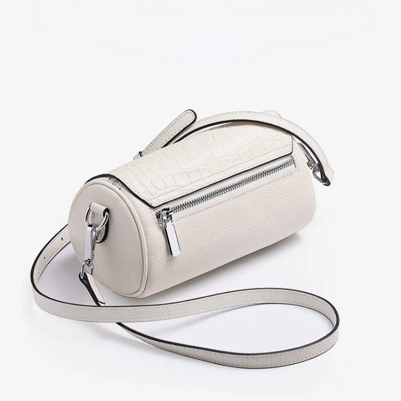 

Genuine Leather Women's Popular Fashion Shoulder Bag Ladies' Crossbody Small Bag Versatile Cow Leather Cylinder Bag Two Straps