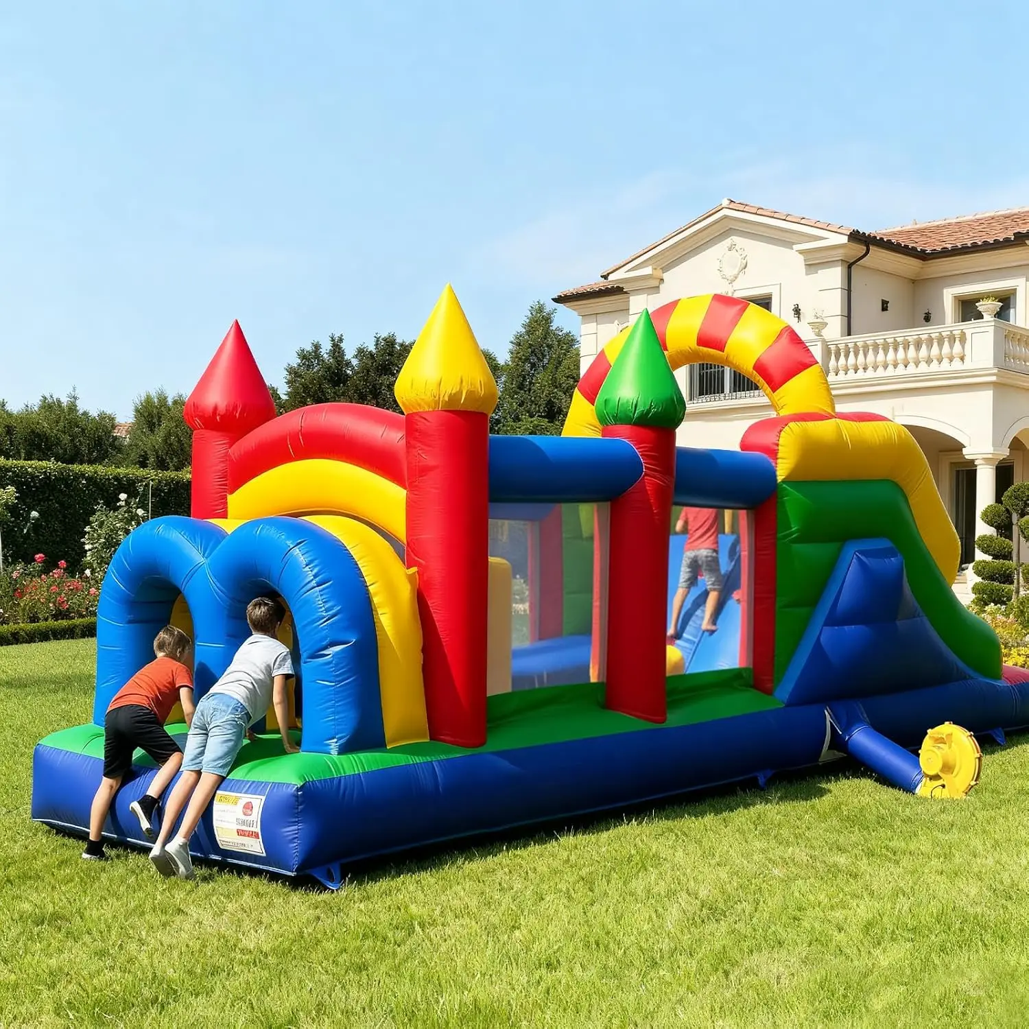 10x4 meters Colorful Inflatable Obstacle Course Castle Bounce House Tunnel  Slide Jumping Bouncer for Home Backyard