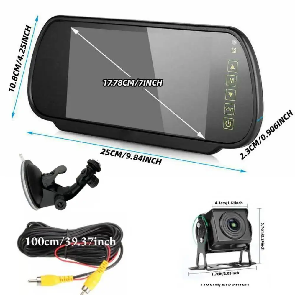 7inch Clip- On & Stick- On Installation Mirror Monitor+Heavy Duty Backup Camera Set Parking Assistant Vehicle Night Vision