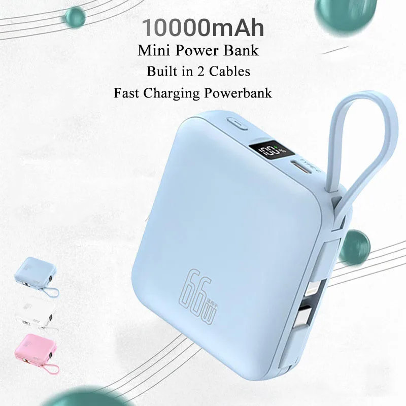 

10000 мАч Power Bank 22,5 Вт Сверхбыстрая зарядка Портативное зарядное устройство Встроенный 2 кабеля Мини Powerbank для iPhone Samsung Xiaomi Huawei