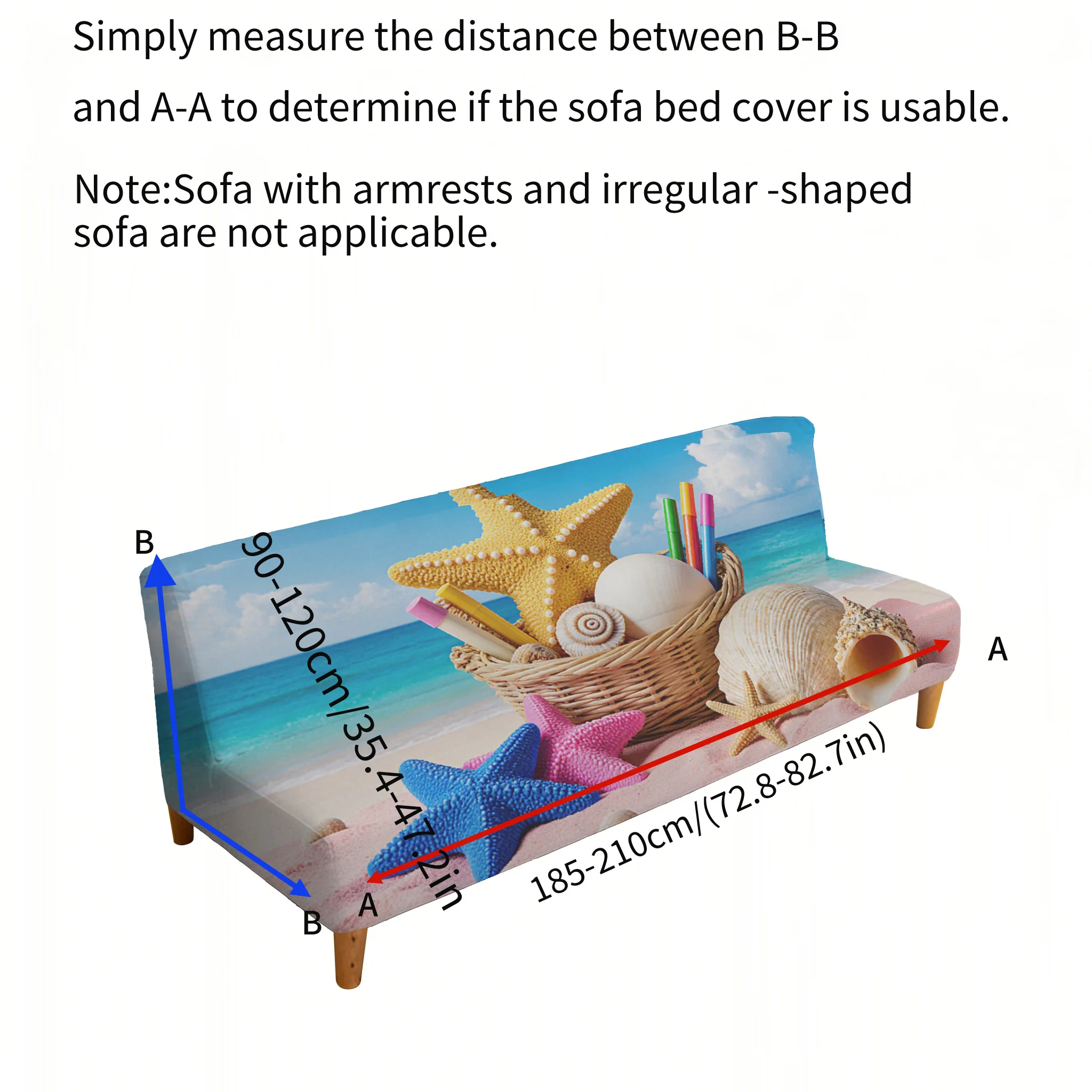 Armrest-free elastic printed sofa bed cover, living room home decoration, beach starfish shell pattern