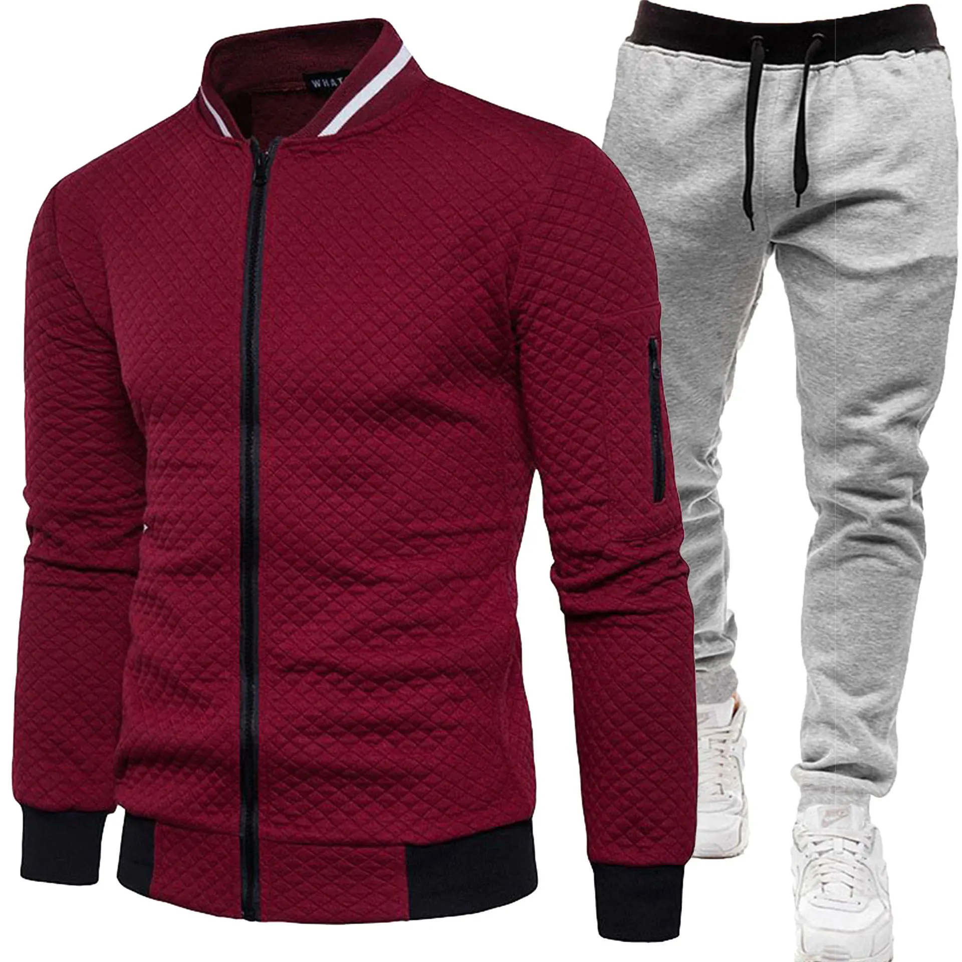 Herren Gesteppte Bomberjacke Trainingsanzug Herbst Winter Reißverschluss-Cardigan Sweatshirt Jogginghose Zweiteiliges Casual Sportbekleidungs-Set – Detail 13