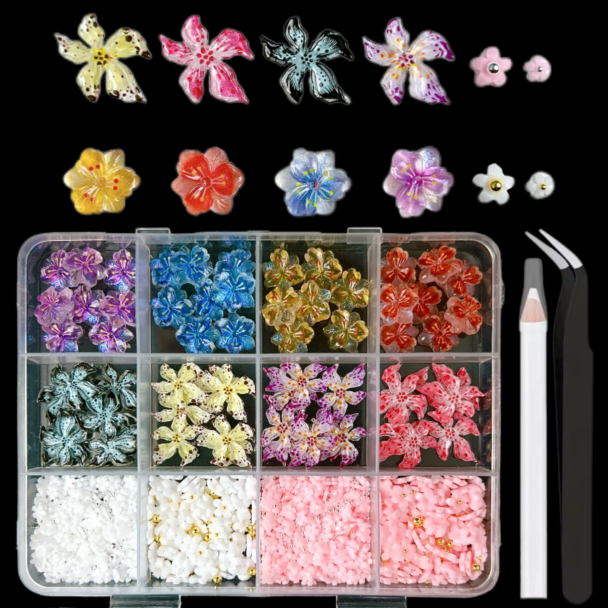 1 Pudełko Kolorowe Kreatywne Miękkie Kwiatki w Kropki Żywiczne Ozdoby do Paznokci Lodowo Przezroczyste Delikatne Błyszczące Kwiatki Mini Pięciopłatkowe Kwiaty do DIY