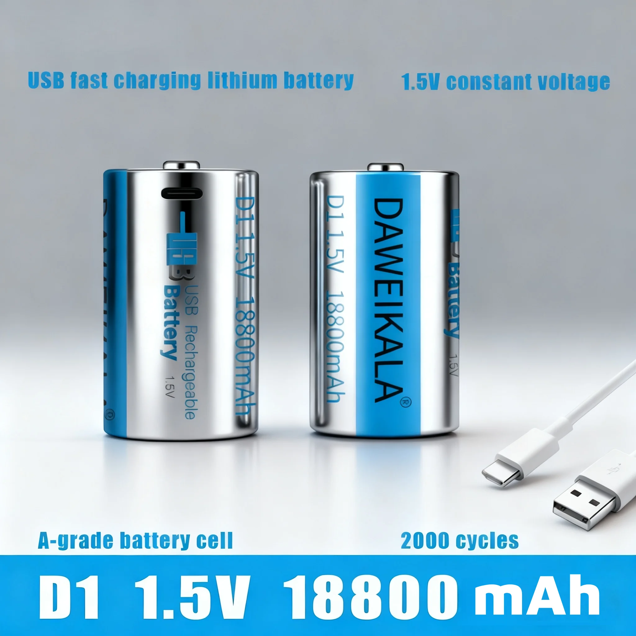 1.5V D1 LR20 Lithium Polymer Battery 18800mWh Type-C Fast Charge, Rechargeable for Flashlights, Toys, Radios, Remotes