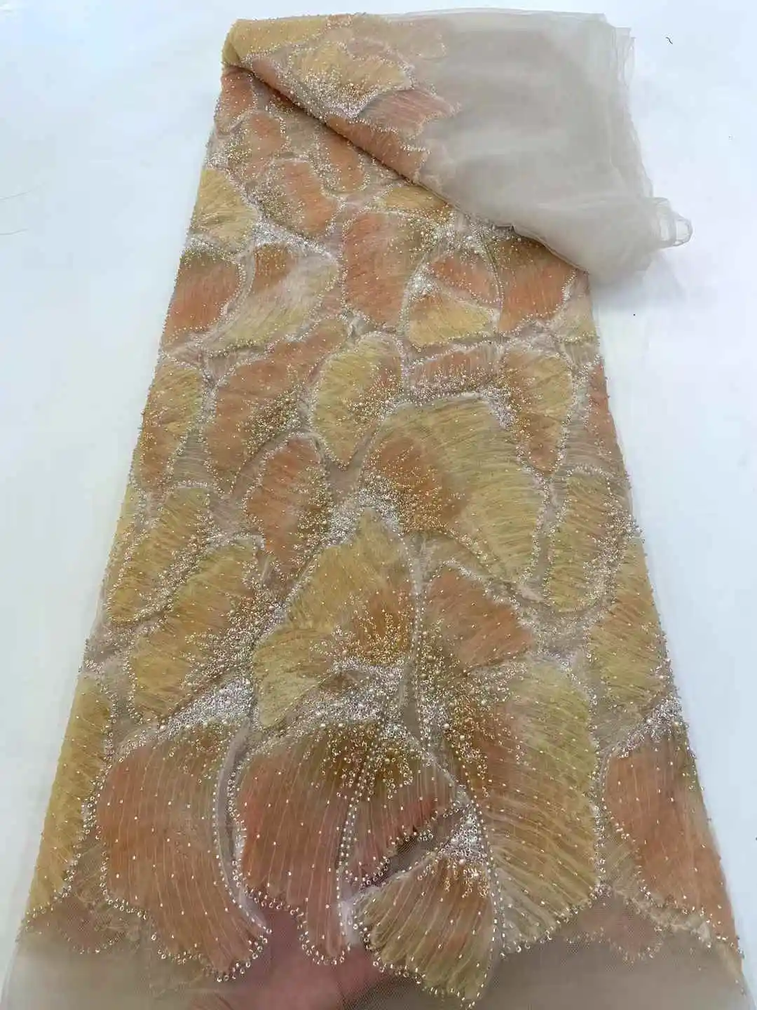 2025 나이지리아 수제 비즈 튤 5야드 레이스 원단 아프리카 럭셔리 스팽글 진주 메쉬 원단 신부 프롬 드레스용