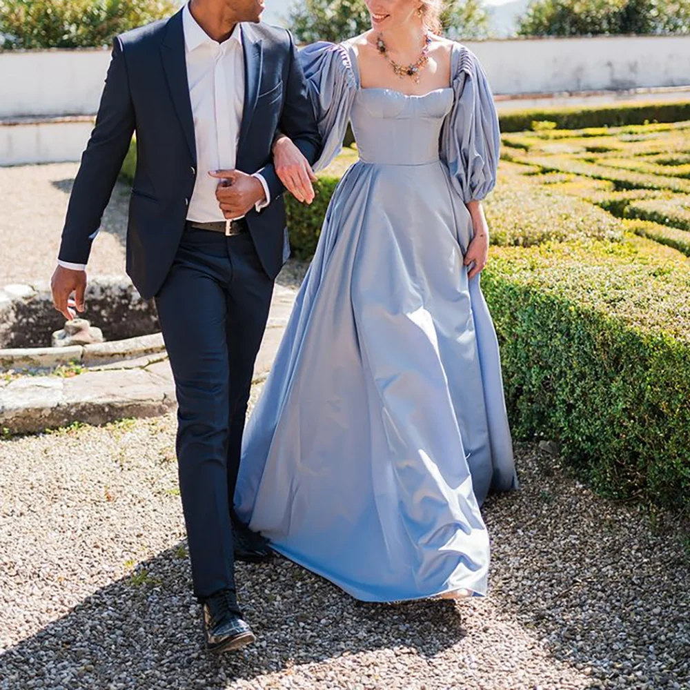 

Sky Blue Satin Women Evening Dresses Three Quarter Sleeves Square Collar Robes De Soirée Formal Party Red Carpet Prom Dress