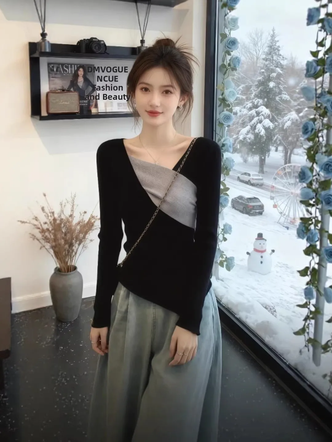 

Вязаный свитер Bla Irregular Color Blo Long Sve для женщин, ранняя весна, приталенный, базовый слой, V-образный вырез, дышащий