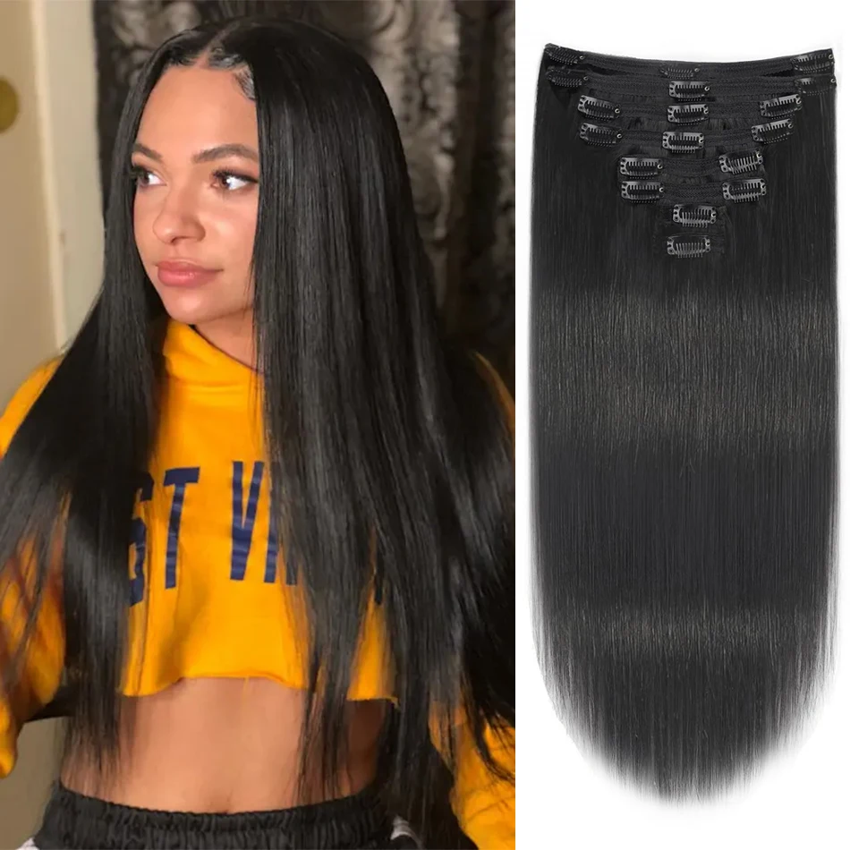 Clip In Human Hair Extensions Invisible Natural Straight Seamless Clip on Hair Extensions for Women Clip ins Remy Human Hair #1B