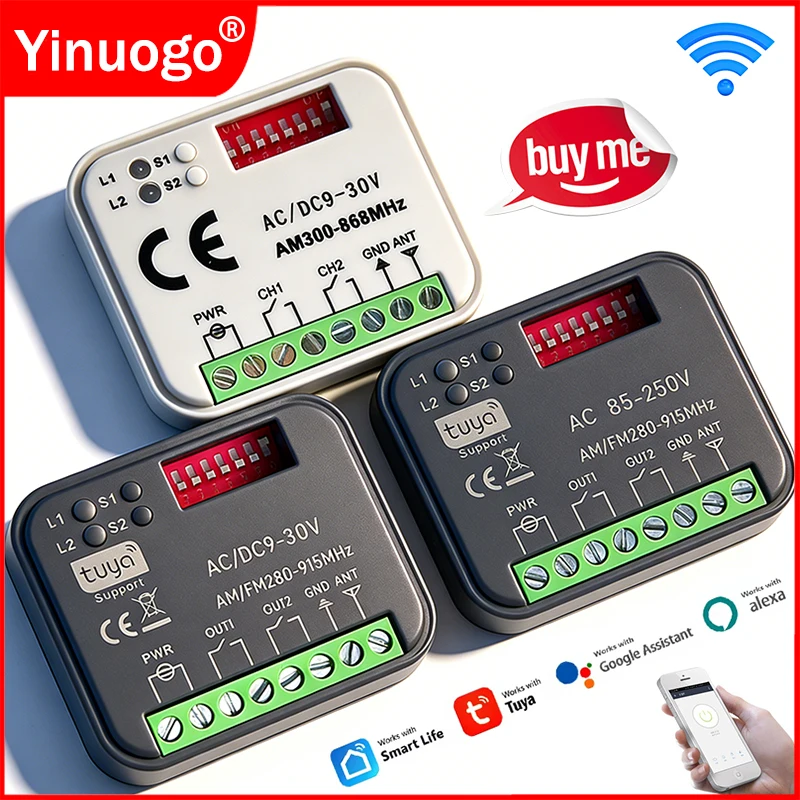 

Tuya Wifi Переключатель-приемник 300-868МГц Модуль управления пультом дистанционного управления гаражными воротами Интеллектуальный модуль 433 868 МГц 9-30V 85-250V