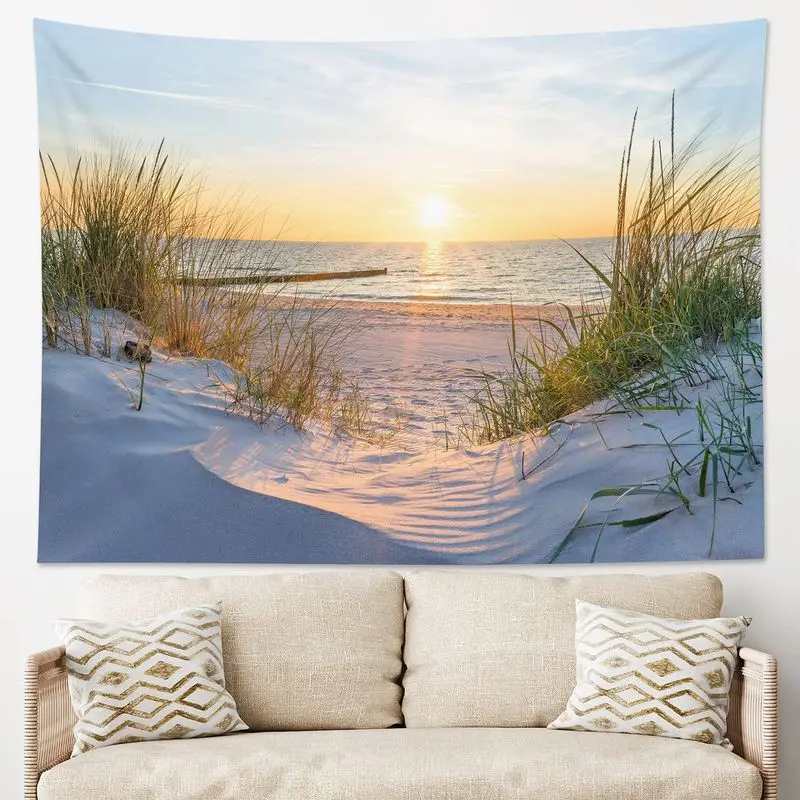 VIKAMA Ocean Beach Sunset Tapestry Wall Hanging Sand Dune Grass Sea Coast Nature Landscape Aesthetic Wall Art Room Decor