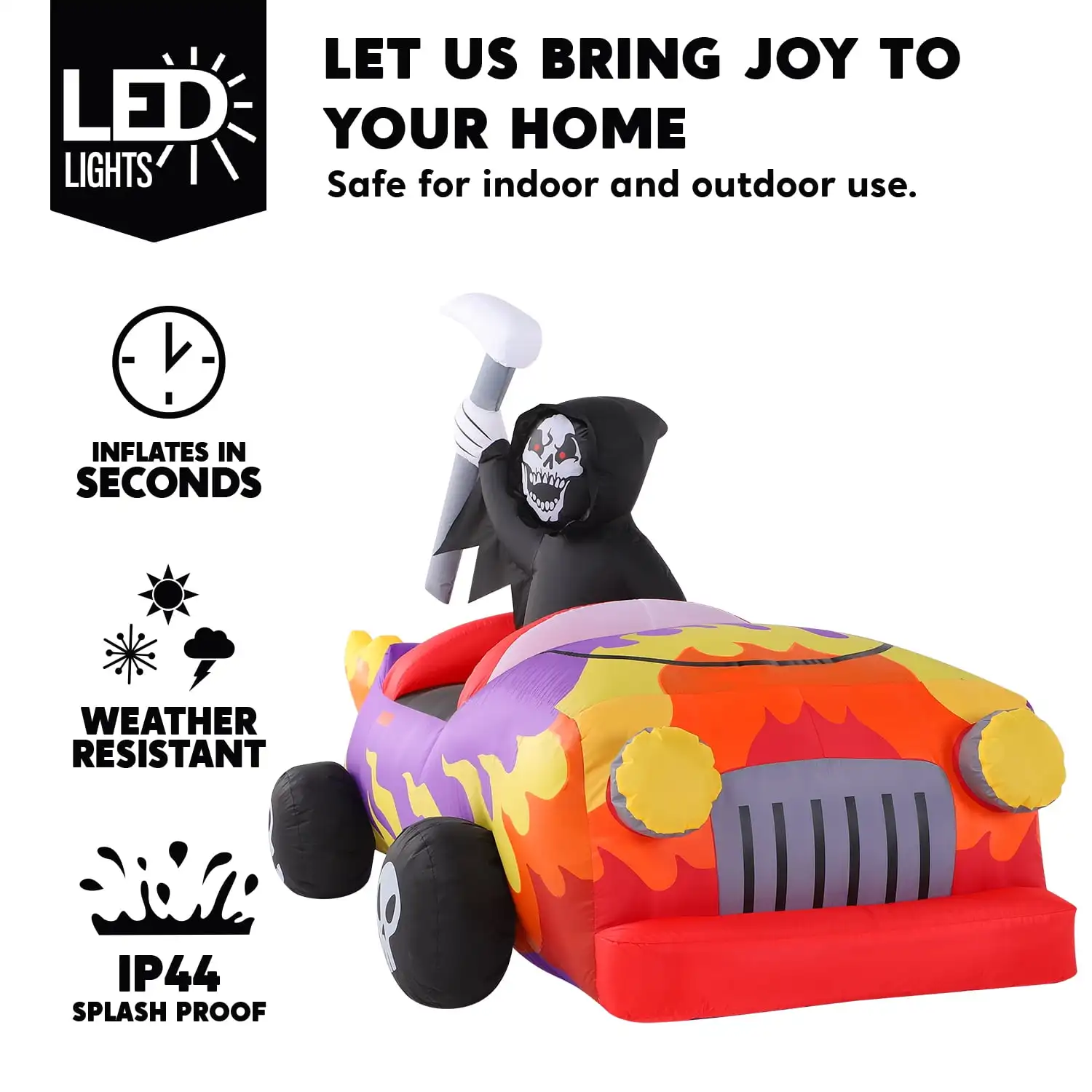 Joyfy 8ft طويلة قاتمة ريبر القيادة سيارة هالوين المطاطية مخيف قاتمة ريبر النقل المدمج في المصابيح لزينة الهالوين