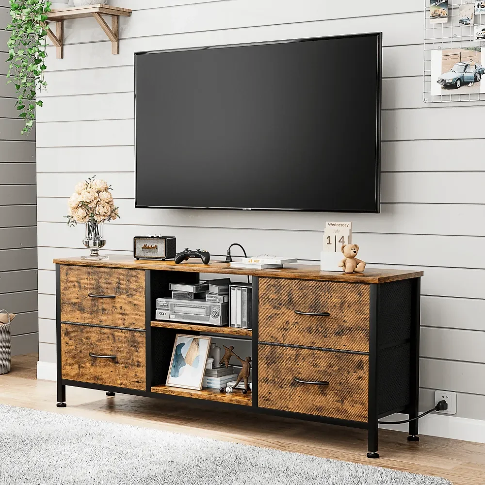 

Dresser TV Stand For 50 TV, Fabric Dresser With 4 Drawers And Power Outlet, Modern Entertainment Center With Open Shelves For L