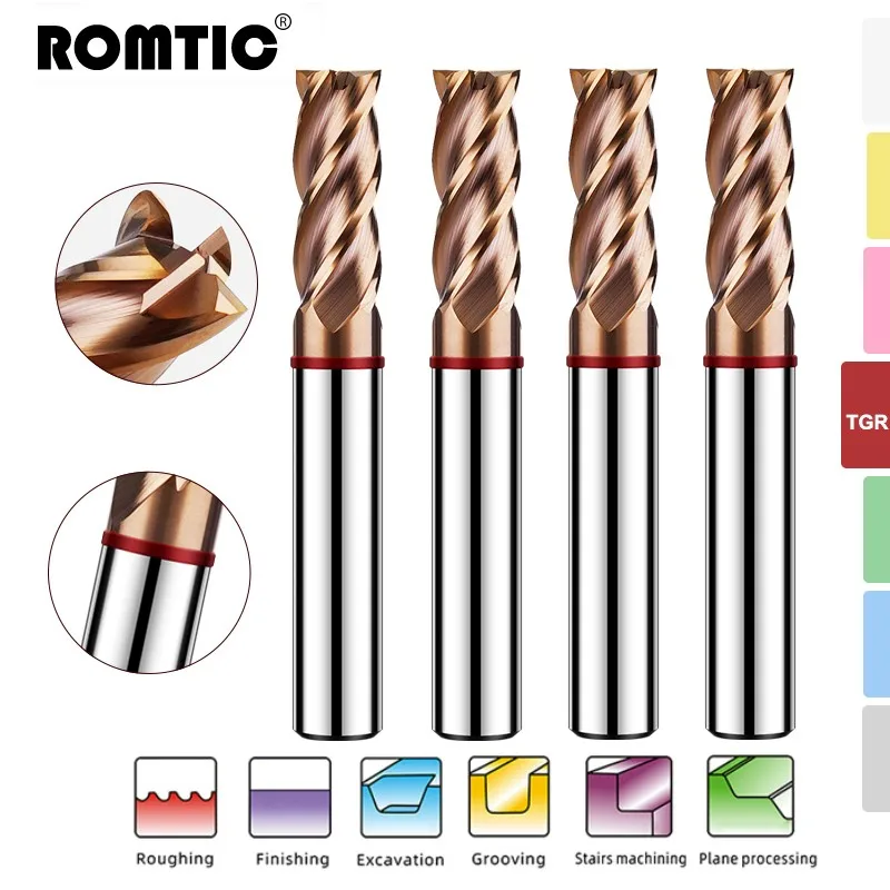 ROMTIC TGR-HRC55 Tungsten Steel Carbide 4-Flute Nano Coating Flat End Mill Tools For CNC Mechanical Center Milling Cutter