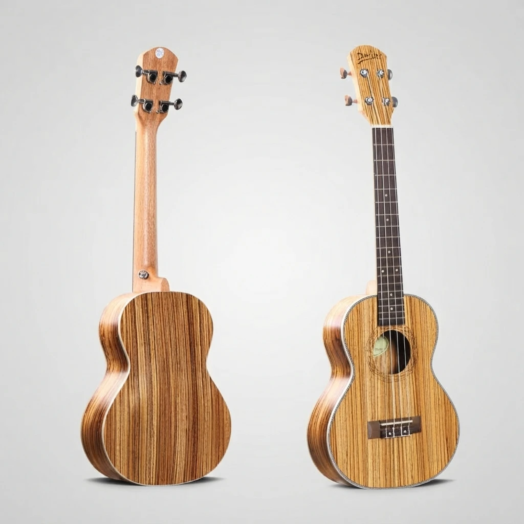 Complete Zebra Grain Soprano Ukulele, Black Closed Tuners, 4 Strings, Multi Layer Binding, Decorative Rosette for Beginners