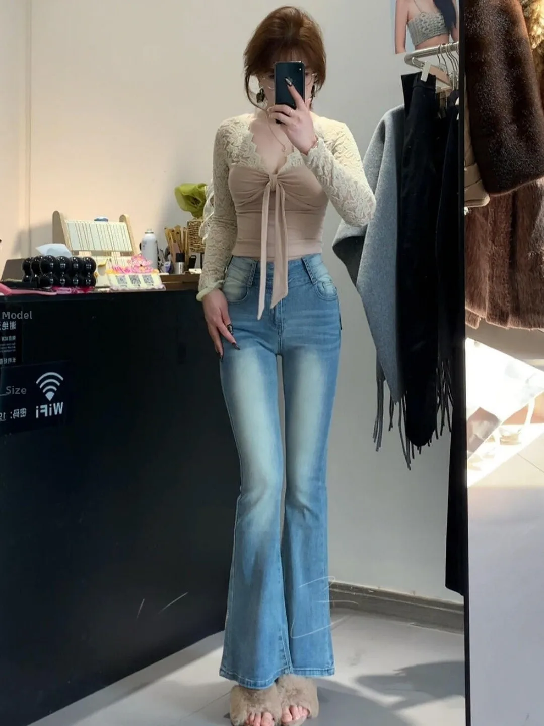 

High Waist Flared Jeans Women's Retro Sle Butt Lifting Slimming Cotton Stretch Denim Pants Double Bule Hide Meat Slimming