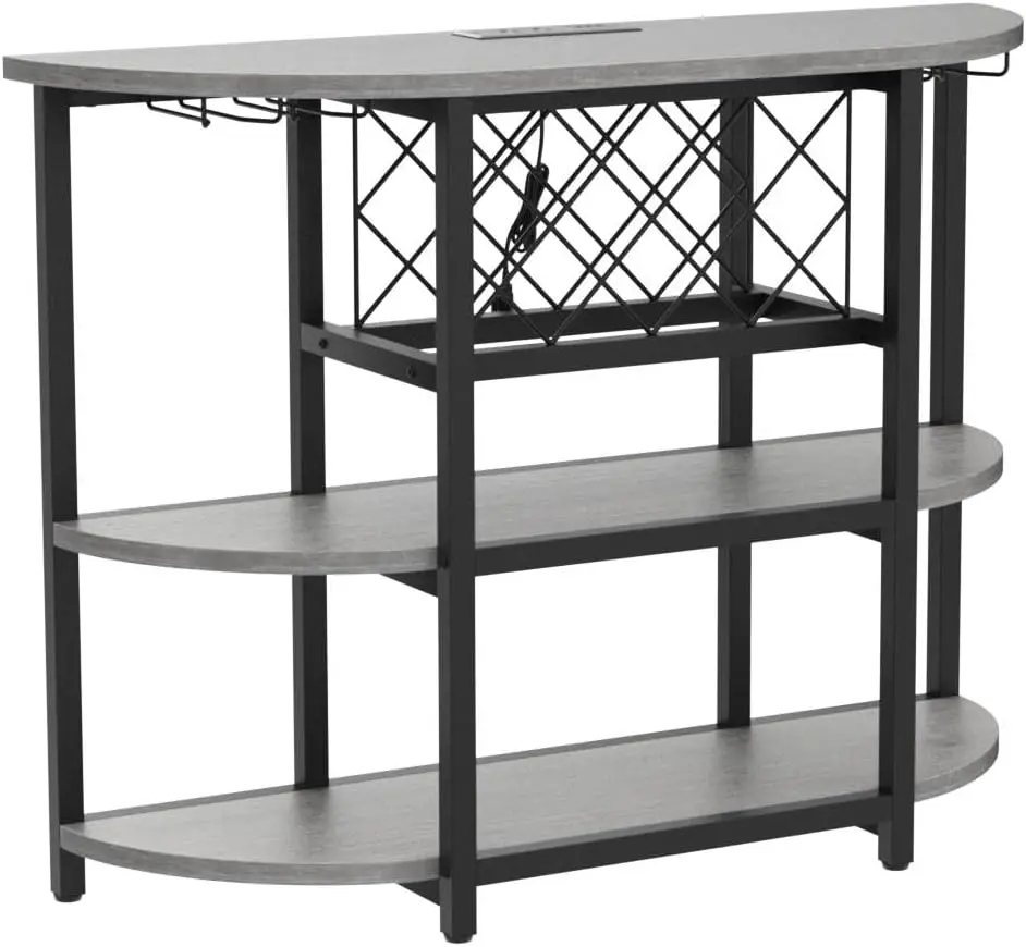 Bar Table Cabinet W/ Power Outlet,LED Home Mini Bar Cabinet for Liquor, Metal Wine Bar Stand W/ 4-Tier Storage, Easy To Assemble