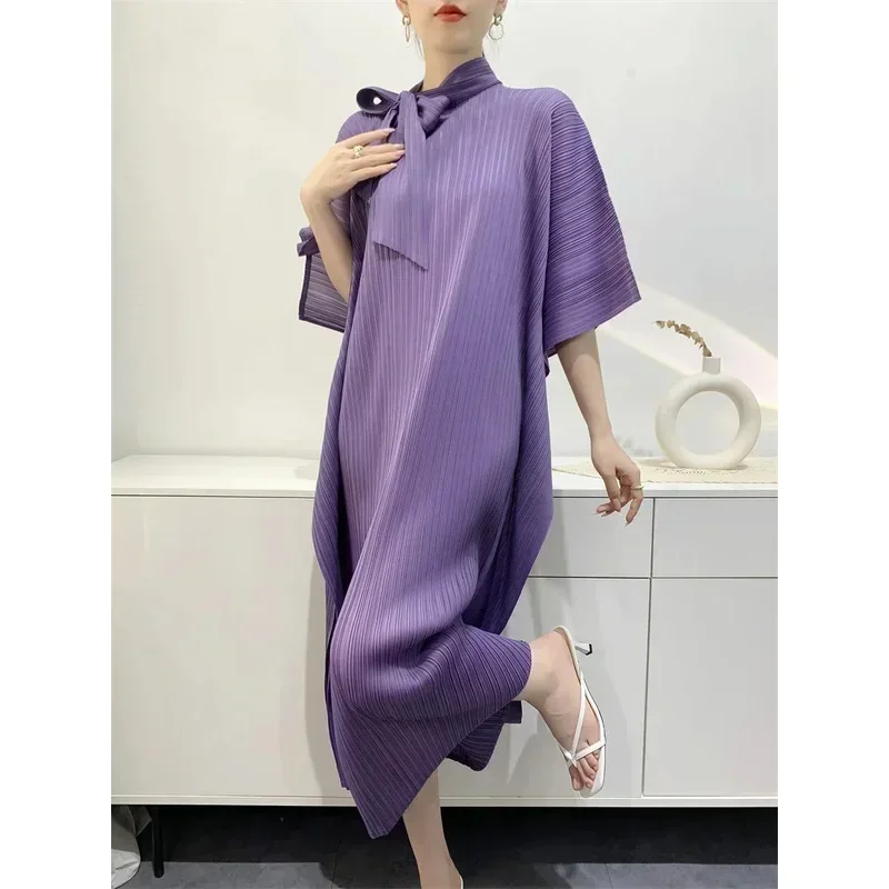 Miyake Pleated Women's Solid Color Party Dress Fashion Temperament Loose Plus Size Pleated Scarf Neck Skirt 2024 Autumn New