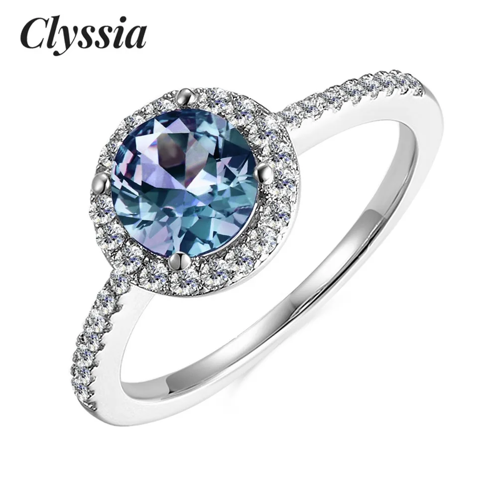 

CLYSSIA 100% 925 Sterling Silver Color Change Gemstone Women Fashion Accessories Alexandrite Halo Engagement Ring Jewellery