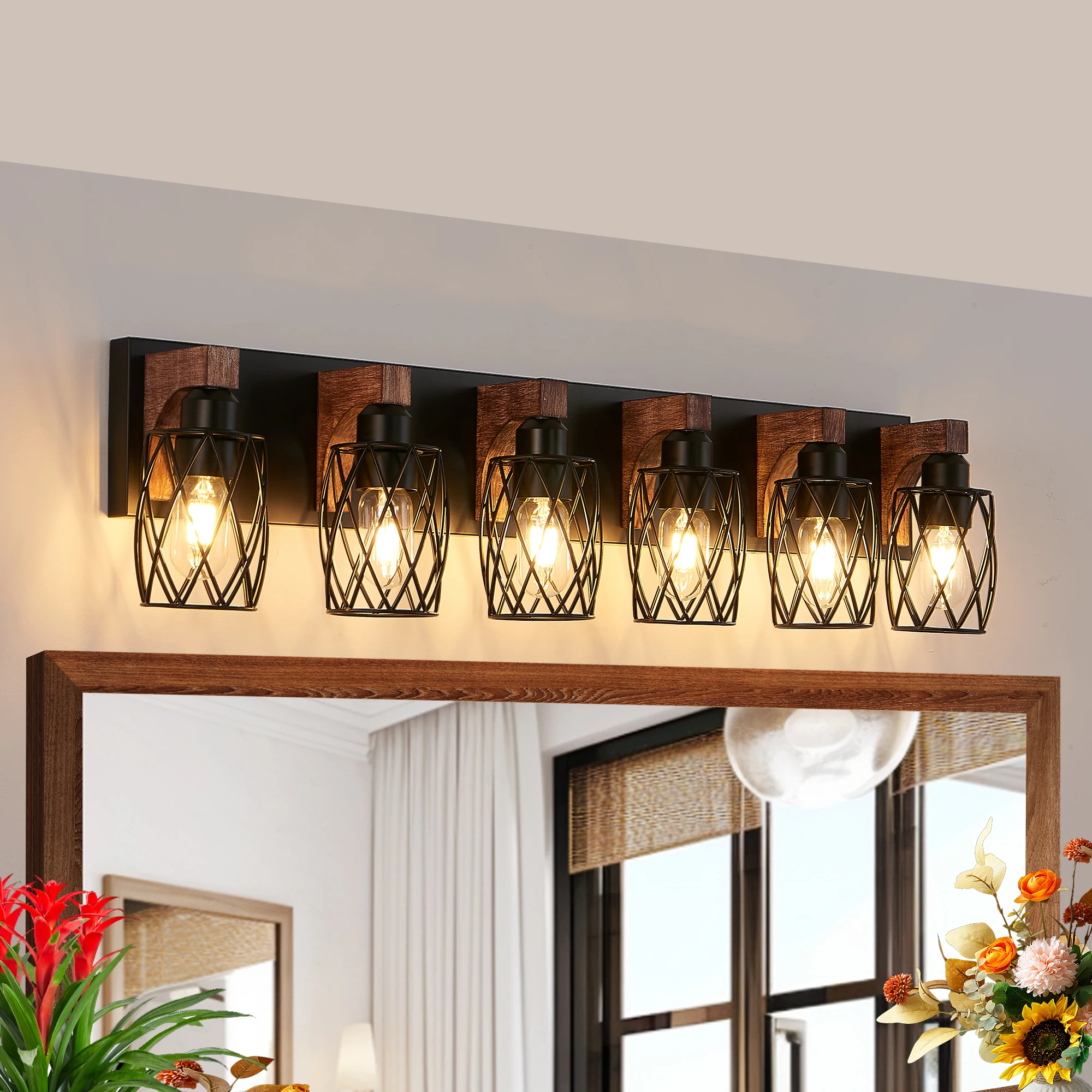 

38" Industrial Vintage 6-Light Wall Sconce - Black Cage Wall Lighting Fixture with Wooden Accents for Bathroom (No Bulb)