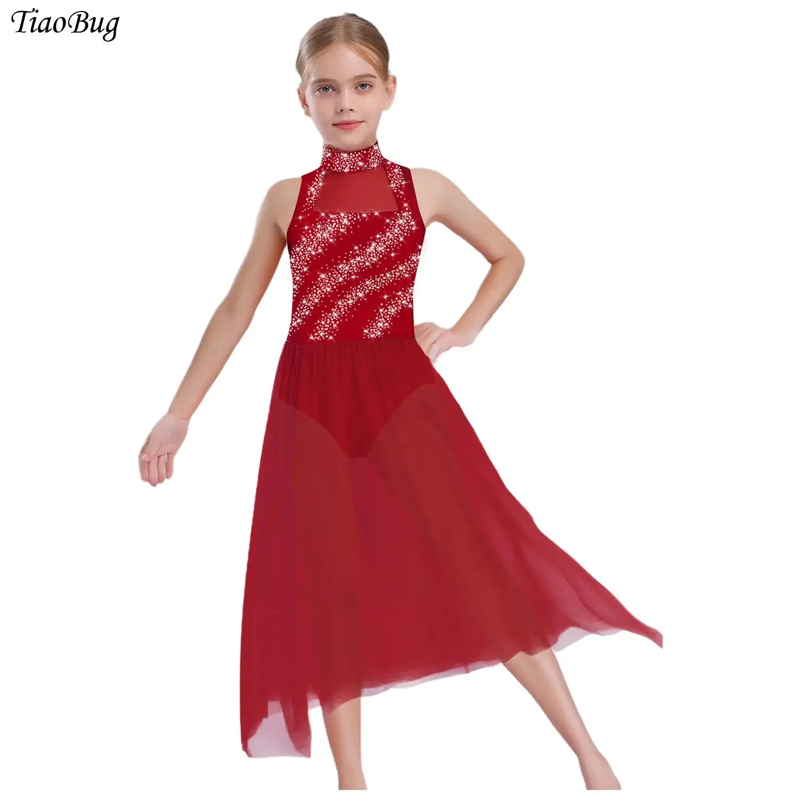 

Kids Girls Modern Lyrical Dance Costume Ballet Leotards Dress Mock Neck Sleeveless Shiny Rhinestones Side Split Dress Dancewear