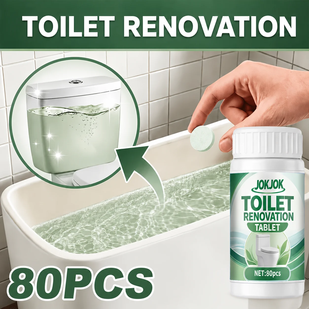 JOKJOK Toilet Cleaning Tablets 80PCS Effervescent Bowl Tank Cleaner For Urine Scale Water Stains Yellowing Odor Removal