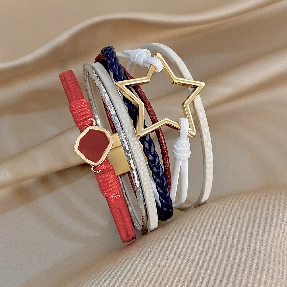 ALLYES Vintage Armband aus gewebtem Leder mit ausgehöhltem Stern für Damen, klobiges Boho-Mehrschicht-Armband, breites Wickelarmband, Charm-Schmuck – Detail 24