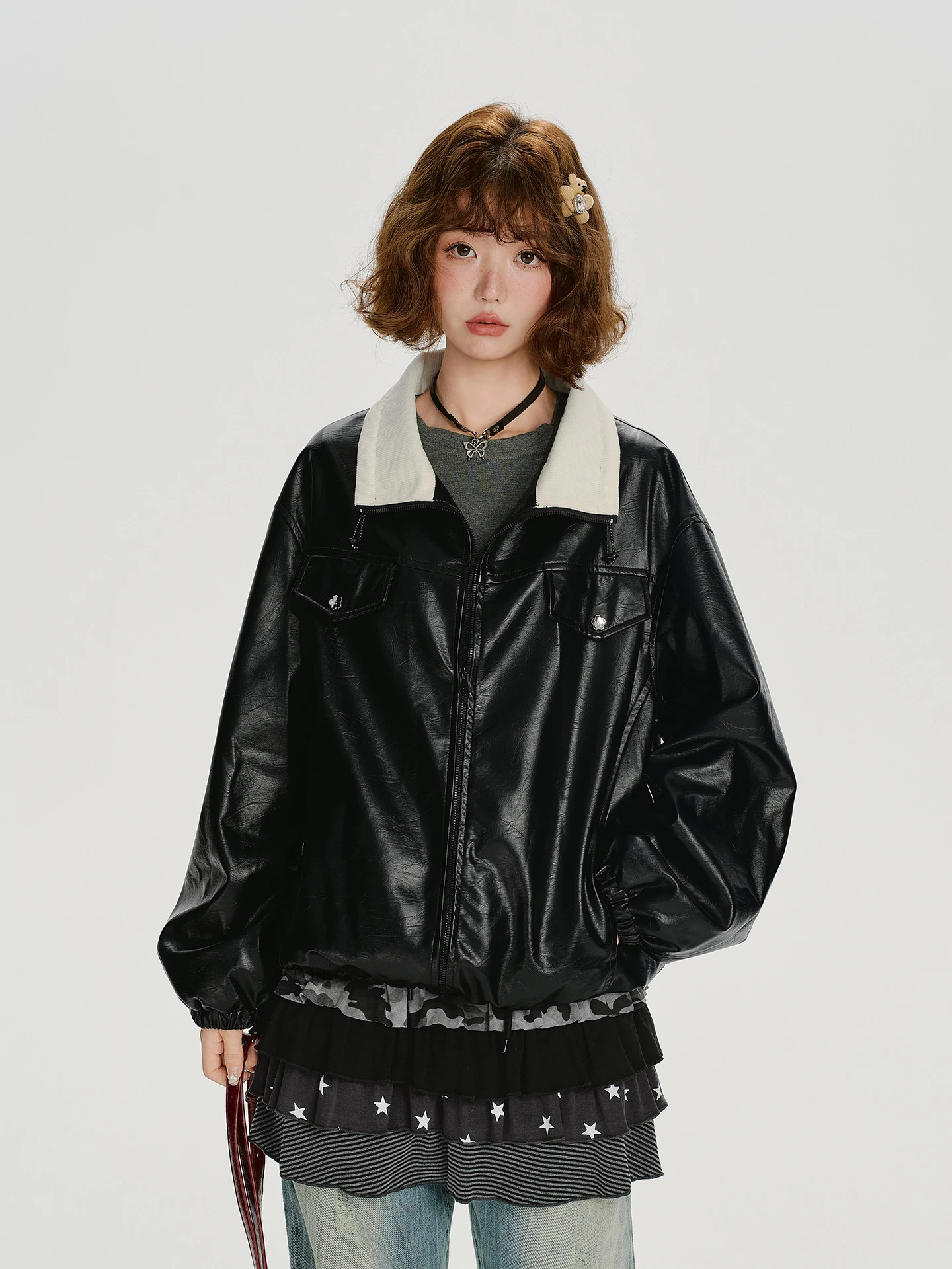 

Girly American Retro Sle Loose Fit Stand Collar Patchwork Color Leather Jaet Women's Autumn New Design Casual Top