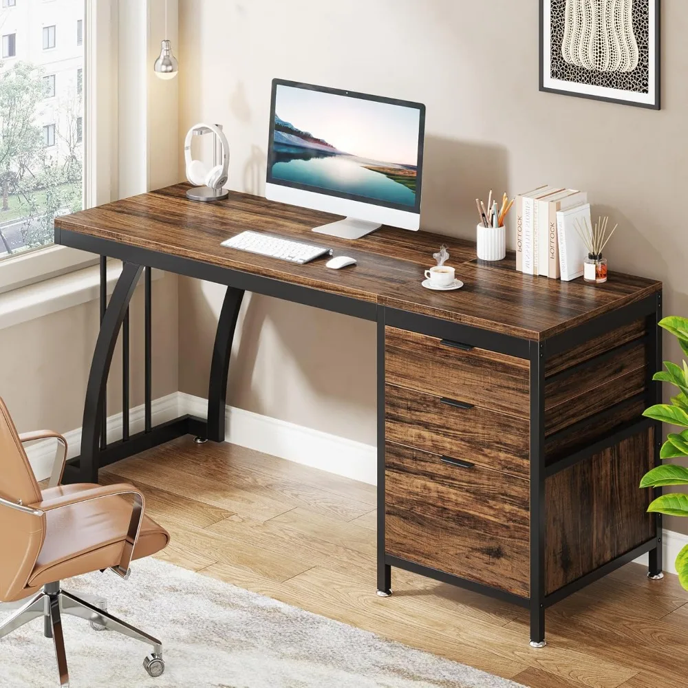 Computer Desk with 3 Drawers, 59-Inch PC Desk with Reversible Drawers, Industrial Study Writing Table Workstation