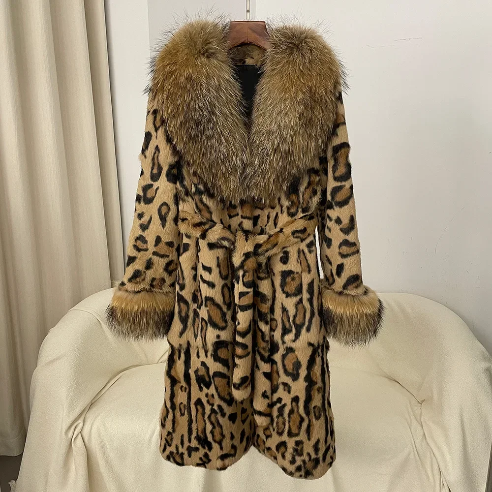 2024 autunno/inverno stampa leopardata vera pelliccia di coniglio cappotto di pelliccia di volpe di media lunghezza da donna abito di pelliccia