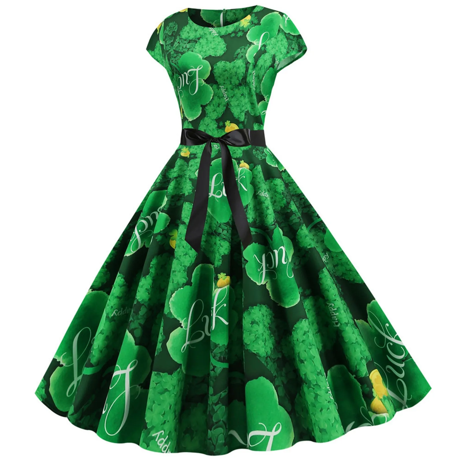 Women's dress short A-line-Skirts Irish-National-Day Female St-Patrick-Day Green Clover Short-Sleeve Dress Big Swing Vestidos