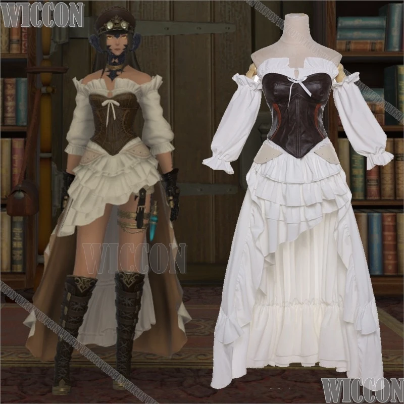 Augmented Neo-Ishgardian Final Fantasy XIV Cosplay Costume Battle Pure White Dress Fishbone Corset Party Women Medieval Vintage