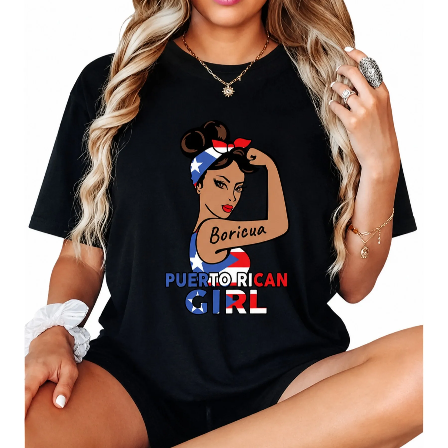 Women's Casual Puerto Rican Girl Graphic Tee, Short Sleeve Round Neck Plus Size T-Shirt In Pure CottonFabric, Regular Length Top For Everyday Wear Spring Summer Fall, Comfortable Casual Attire,  Seasonal Fashion