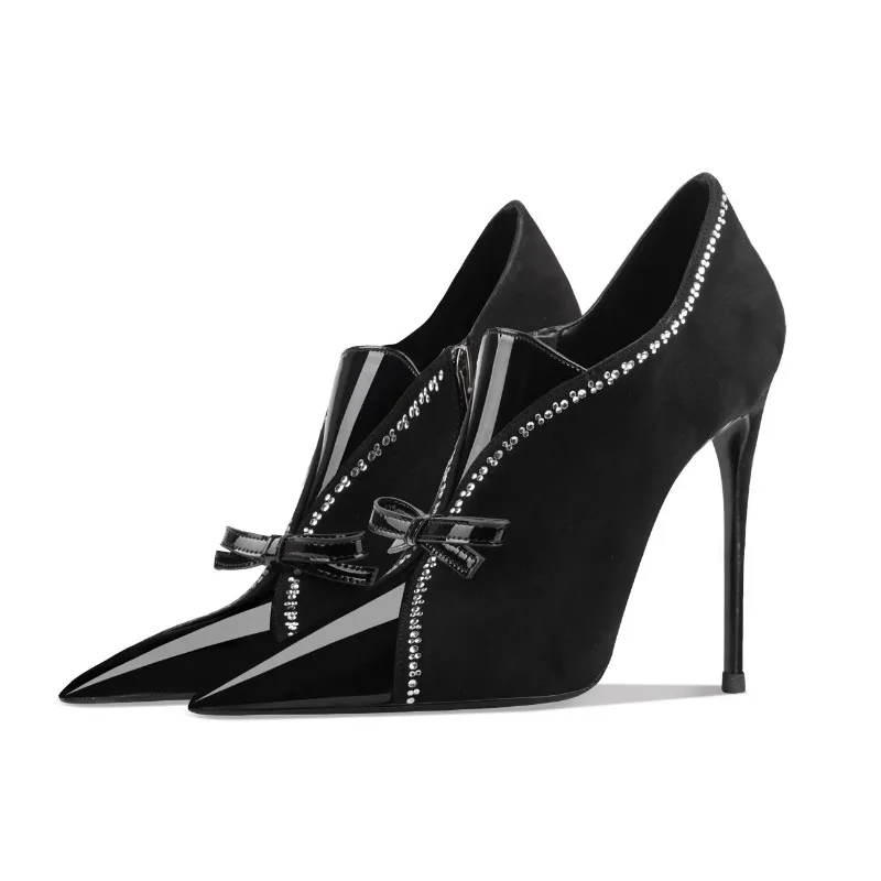 

Elegant Black Suede Booties Rhinestone Bow Decor Pointed Toe High Heel Ankle Boots for Women