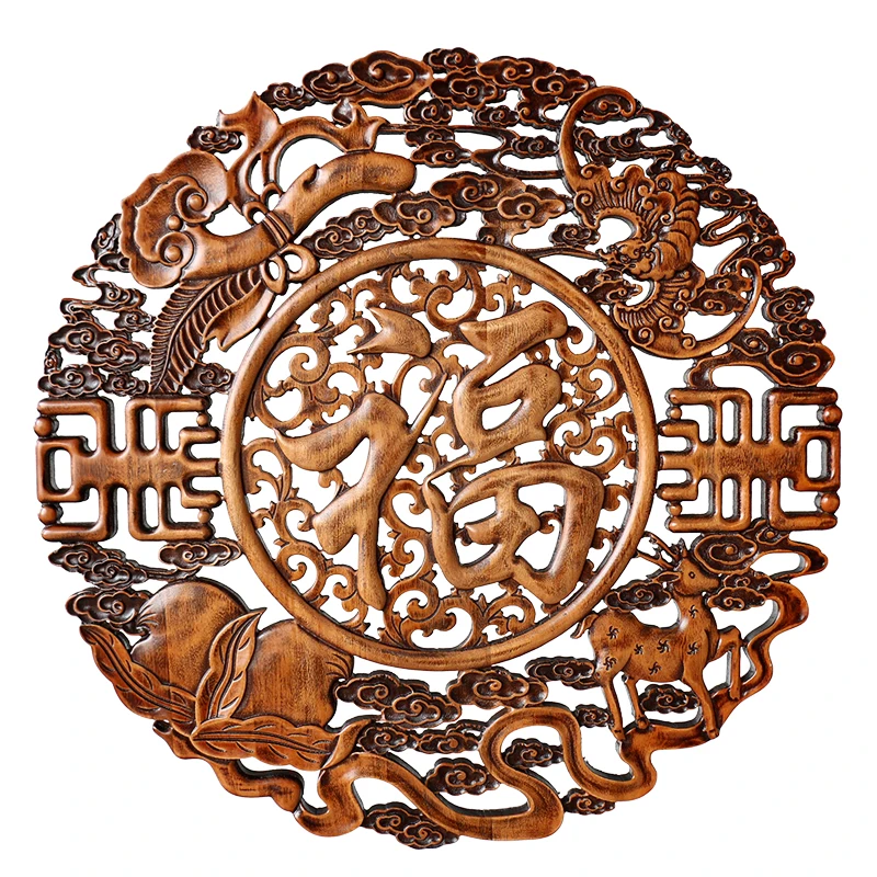 Dongyang wood carving Fu character pendant living room wall hanging background wall Chinese antique solid wood fragrant camphor