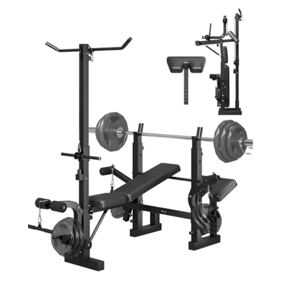 Home Gym 8-in-1 Foldable Weight Bench Set with Preacher Curl Pad LAT Pulldown Leg Extension Curl Attachments for Full Body Exer
